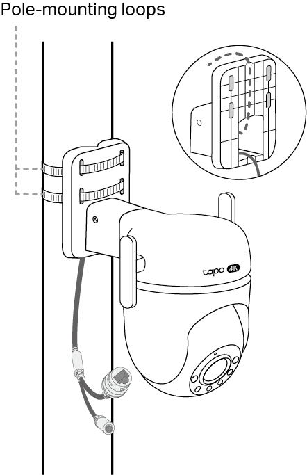 Displays routing the cable and installing the camera with pole-mounting loops