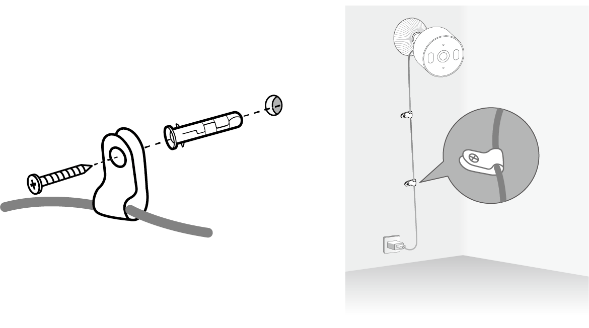 Displays organizing the cable with provided cable clips, anchors, and screws