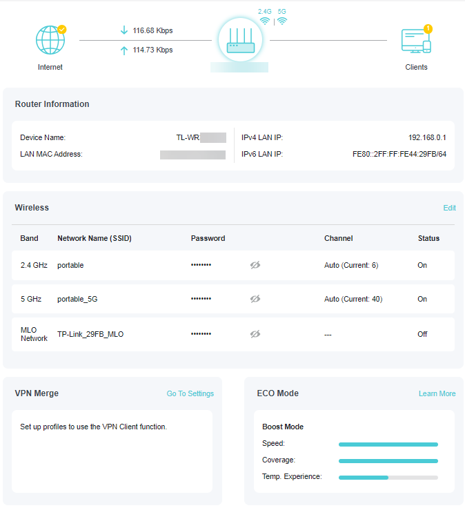 A screenshot of a network router's main status page. The page displays current internet speeds (around 116 Kbps down and 114 Kbps up), router information (including IP addresses), and configuration details for 2.4 GHz, 5 GHz, and MLO wireless networks. Sections for VPN Merge and ECO Mode are also visible.