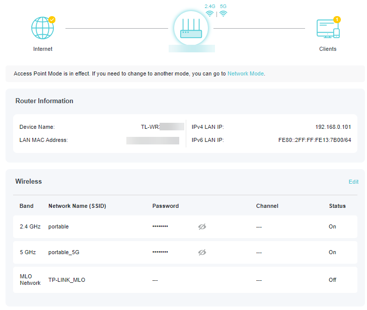 A screenshot of a router's status page, displaying an overview of network and wireless settings. It shows the device is operating in Access Point Mode, lists Router Information (including device name "TL-WR" and LAN IP addresses), and details the Wireless networks (2.4 GHz and 5 GHz bands named "portable" and "portable_5G" respectively, both enabled).