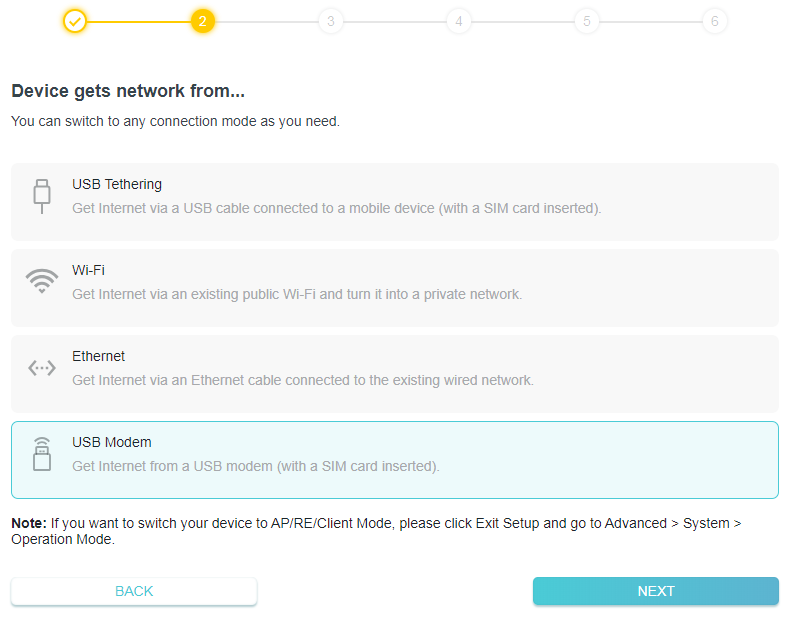 a network setup screen with the title 'Device gets network from...' presenting four options for internet connection: USB Tethering, Wi-Fi, Ethernet , and USB Modem(selected).