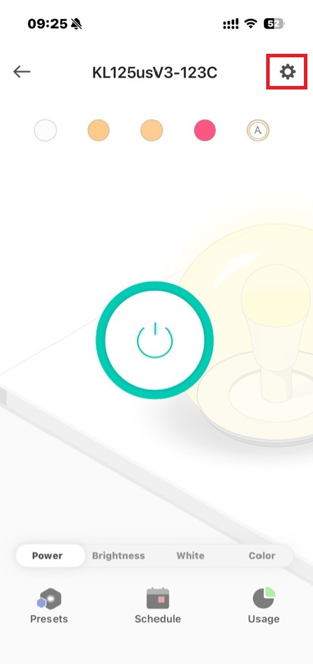 Tap the bulb card to enter the device status page and then tap the device settings icon.