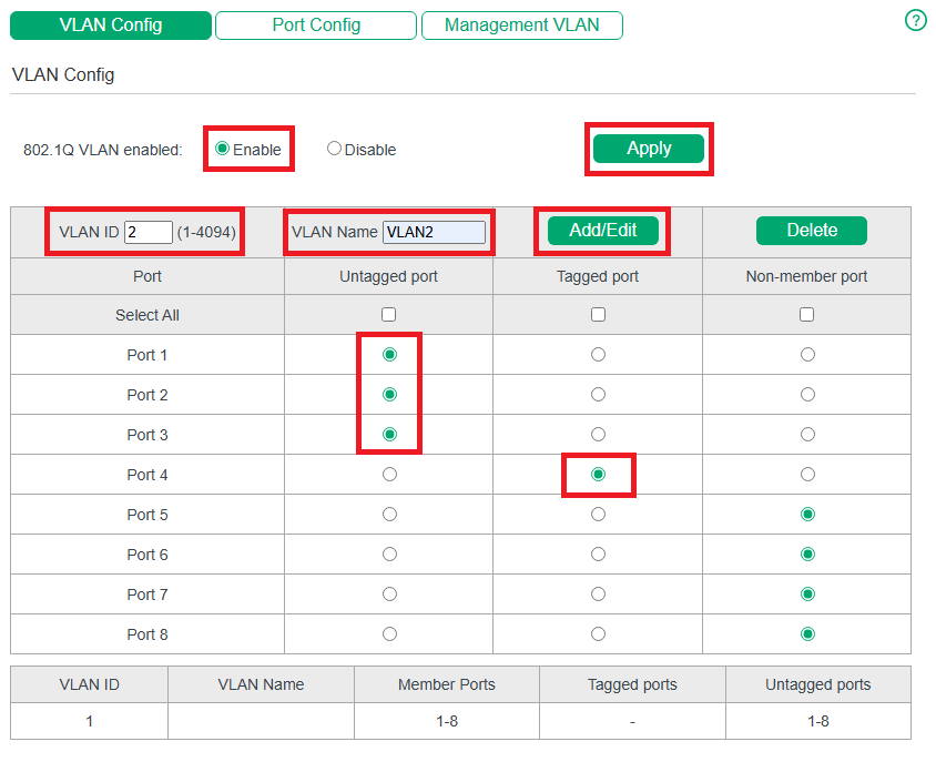Configuring 802.1Q VLAN