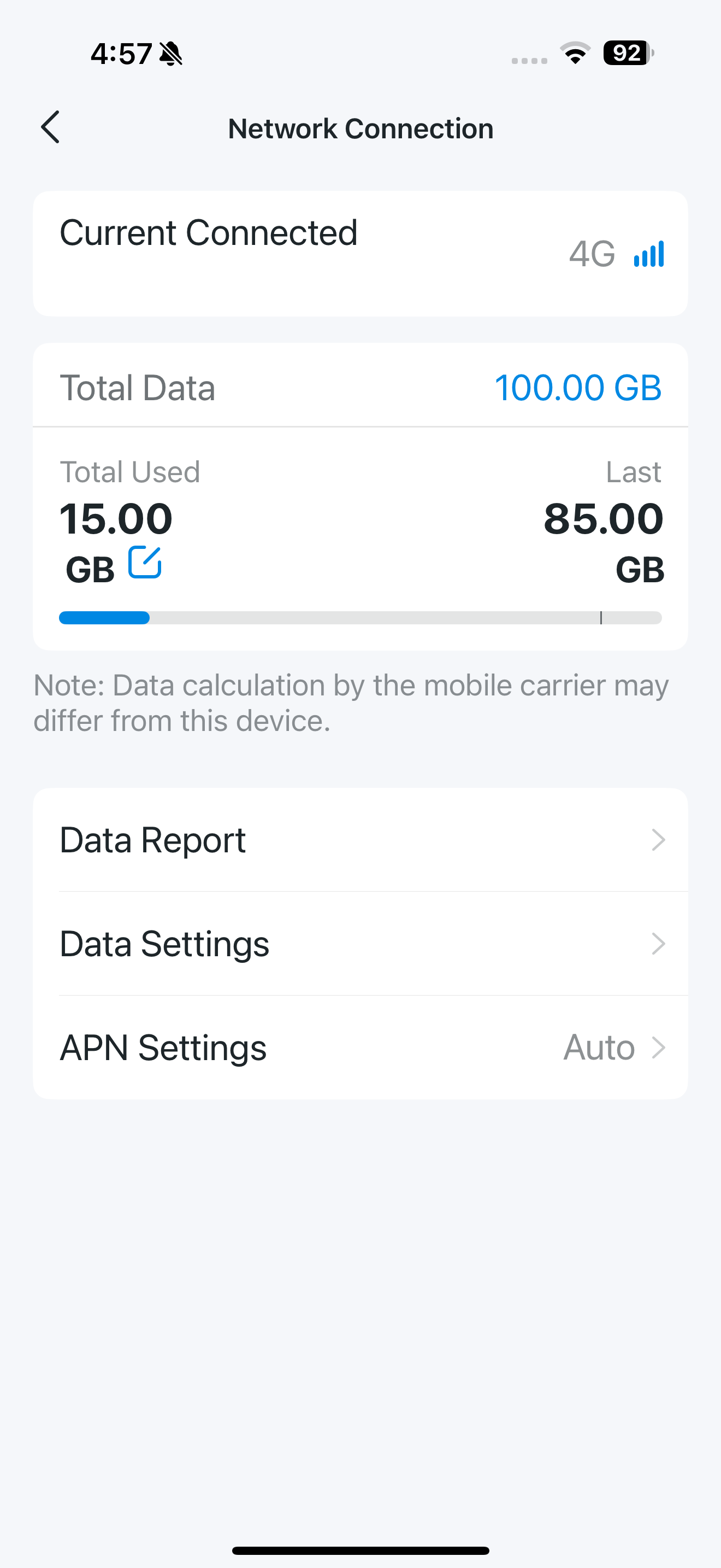 4G Network Management details page in the app