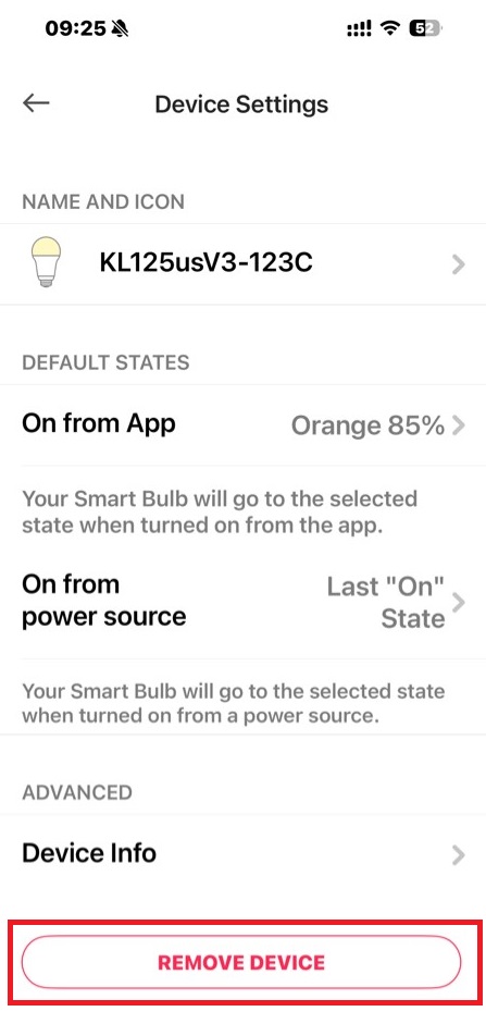 After entering the device settings page, tap the Remove Device button at the bottom to reset the bulb.