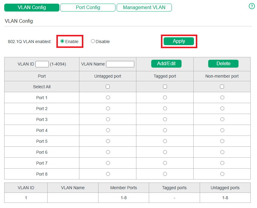 Configuring 802.1Q VLAN