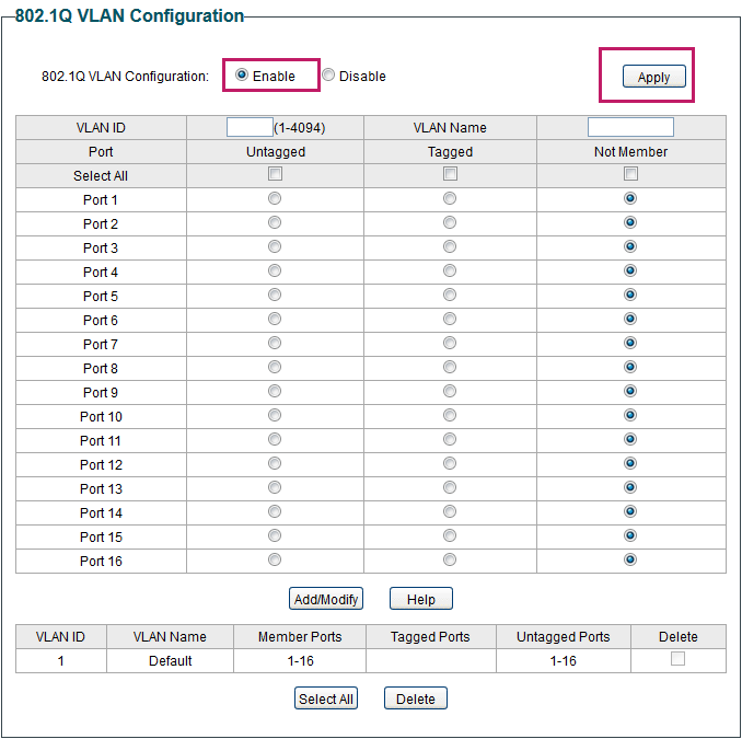Configuring 802.1Q VLAN