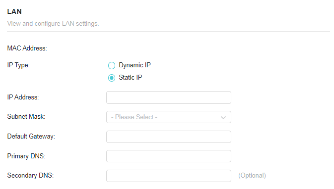 A screenshot of a network settings page titled "LAN," displaying fields for configuring a Static IP connection. It shows options for IP Type (Dynamic or Static IP selected), IP Address, Subnet Mask, Default Gateway, Primary DNS, and Secondary DNS (Optional) fields.