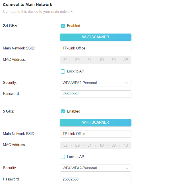 A screenshot of a network settings page titled "Connect to Main Network", displaying configuration fields for both 2.4 GHz and 5 GHz Wi-Fi bands. Both bands are enabled and set to connect to the network named "TP-Link Office" using WPA/WPA2-Personal security with the password "25802580".