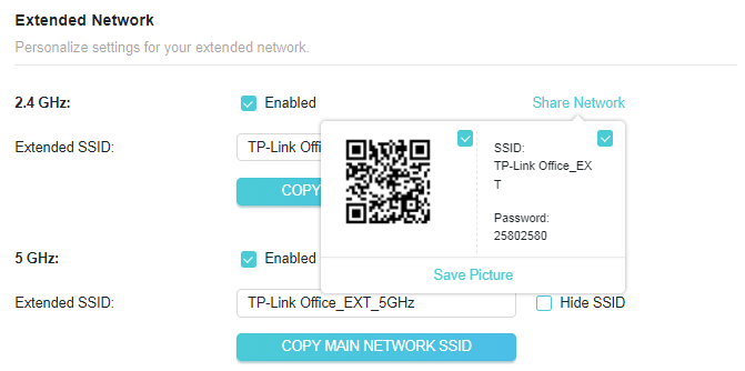 A screenshot of a network configuration page titled "Extended Network," displaying settings for both 2.4 GHz and 5 GHz Wi-Fi bands. A pop-up window in the center shows a QR code for the network named "TP-Link Office_EXT" with the password "25802580", along with options to share the network and save the picture.