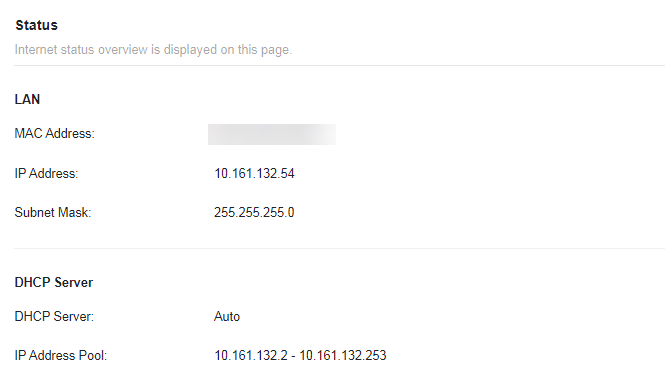 A screenshot of a router's status page, displaying LAN details including the IP Address 10.161.132.54 and Subnet Mask 255.255.255.0. It also shows DHCP Server settings set to Auto, with an IP Address Pool ranging from 10.161.132.2 to 10.161.132.253.