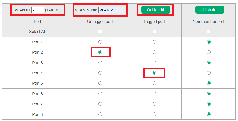 Creating VLAN 2 and Adding Ports to the VLAN