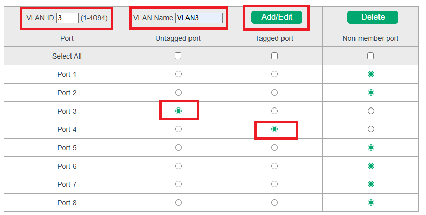 Creating VLAN 3 and Adding Ports to the VLAN