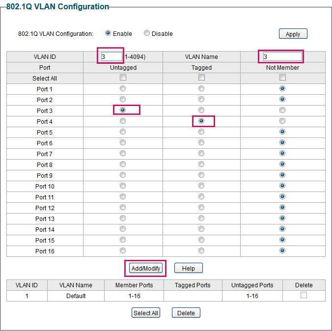 Creating VLAN 3 and Adding Ports to the VLAN
