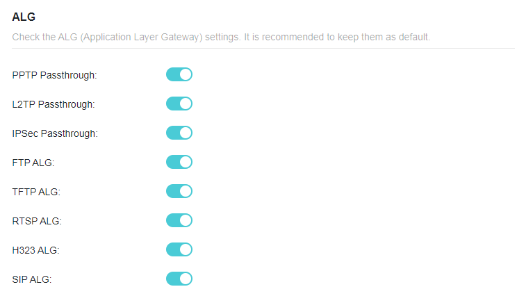 The ALG settings page lists various protocols including PPTP, L2TP, IPSec, FTP, TFTP, RTSP, H323, and SIP, all of which have their respective passthrough or ALG features enabled via teal-colored toggle switches.