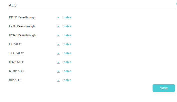 ALG configuration page