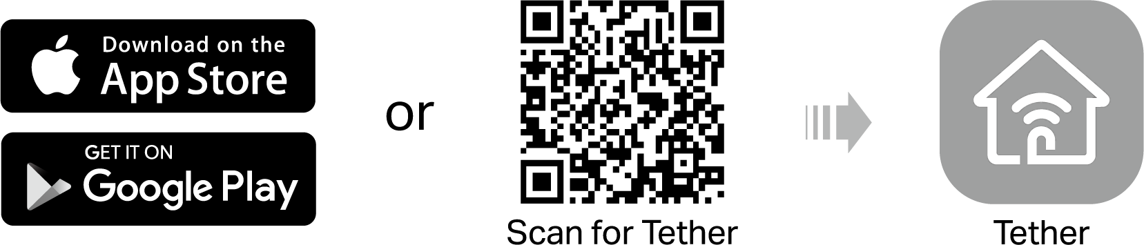 An image showing the Apple App Store and Google Play badges next to the word 'OR', a QR code, an arrow, and the icon for the TP-Link Tether app.