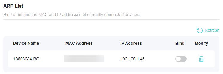 A screenshot of a router configuration page titled "ARP List". The page allows binding or unbinding the MAC and IP addresses of connected devices and displays a table entry for a device named "18503634-BG" with the IP address 192.168.1.45 and a disabled "Bind" toggle switch.