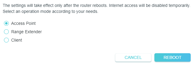 a network settings screen with three mode options: 'Access Point' (selected) , 'Range Extender' and 'Client',
