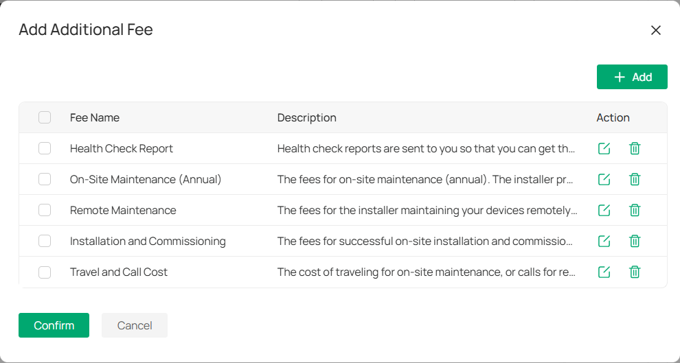 Add Additional Fee window
