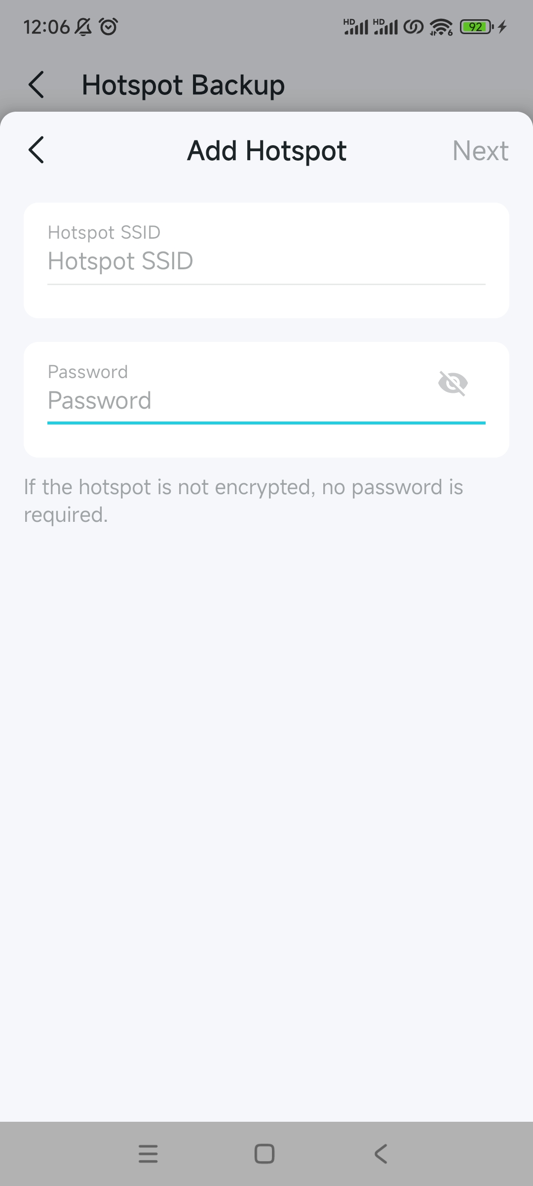 hotspot adding page requiring password