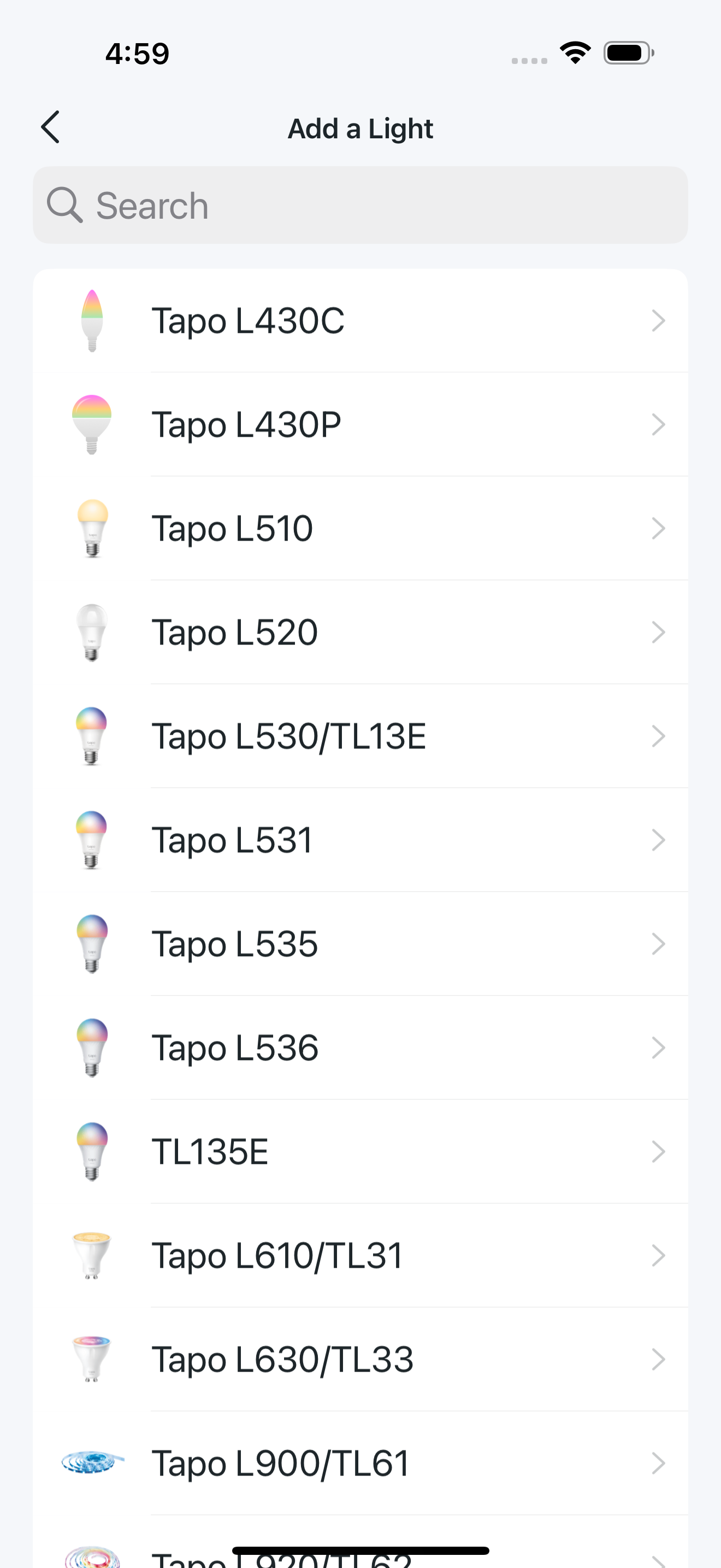 The page of adding a light product model in the Tapo app