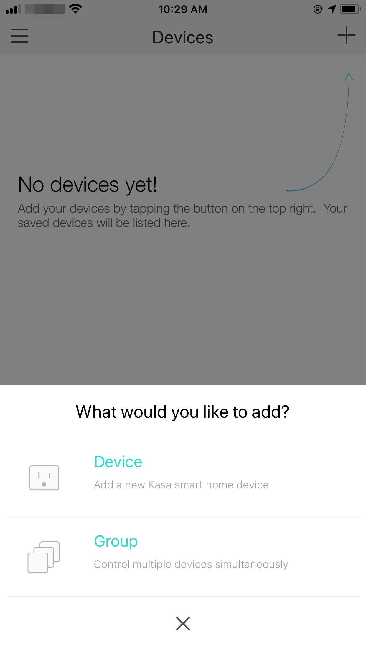 Tap the + button in the upper-right corner in the app and select Device.