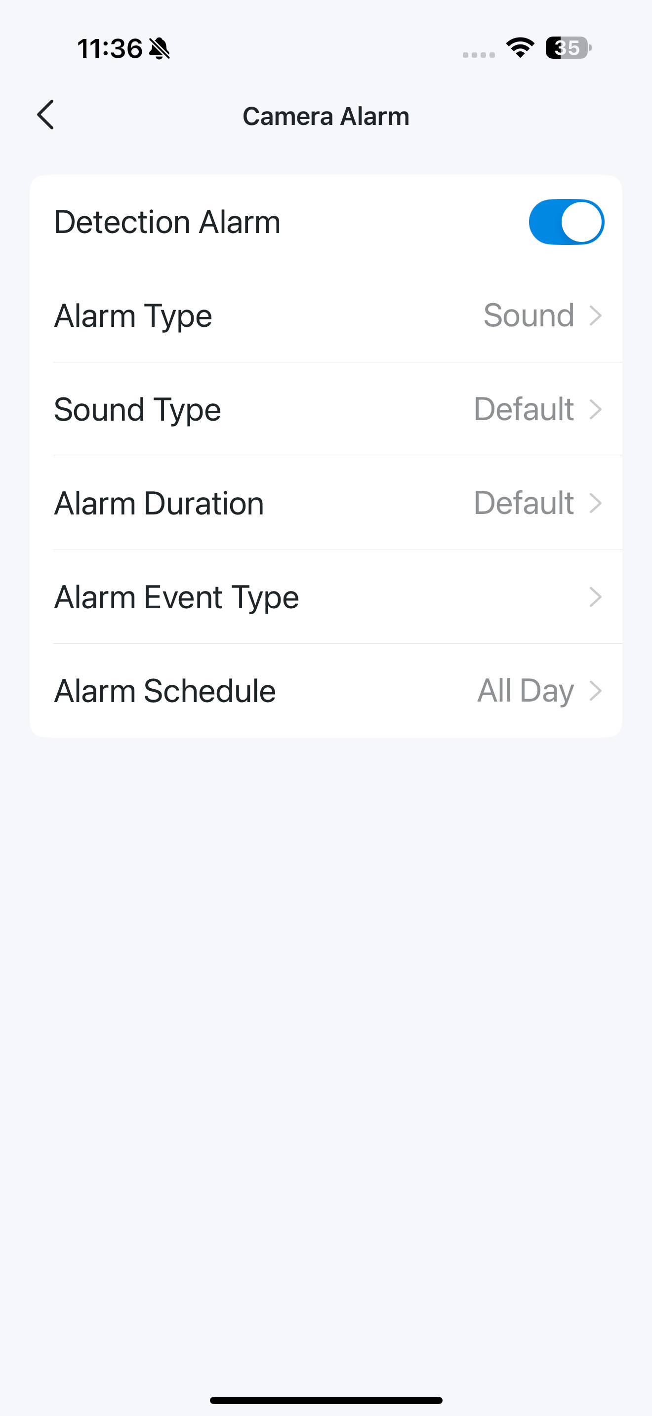 Alarm page in the app