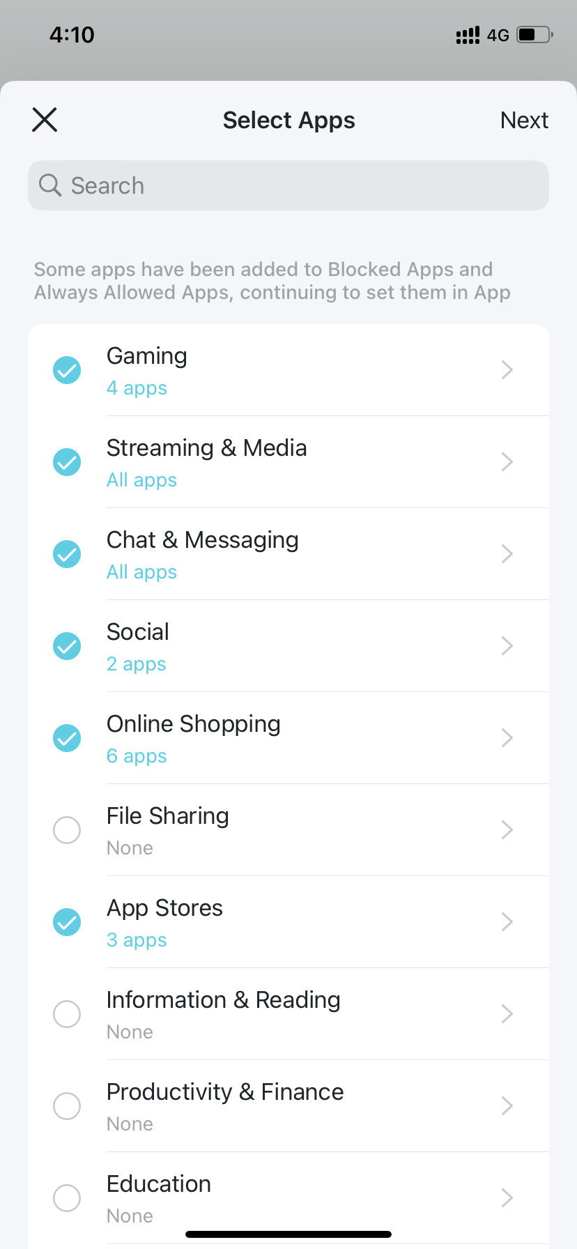 app categories or specific apps available for selecting