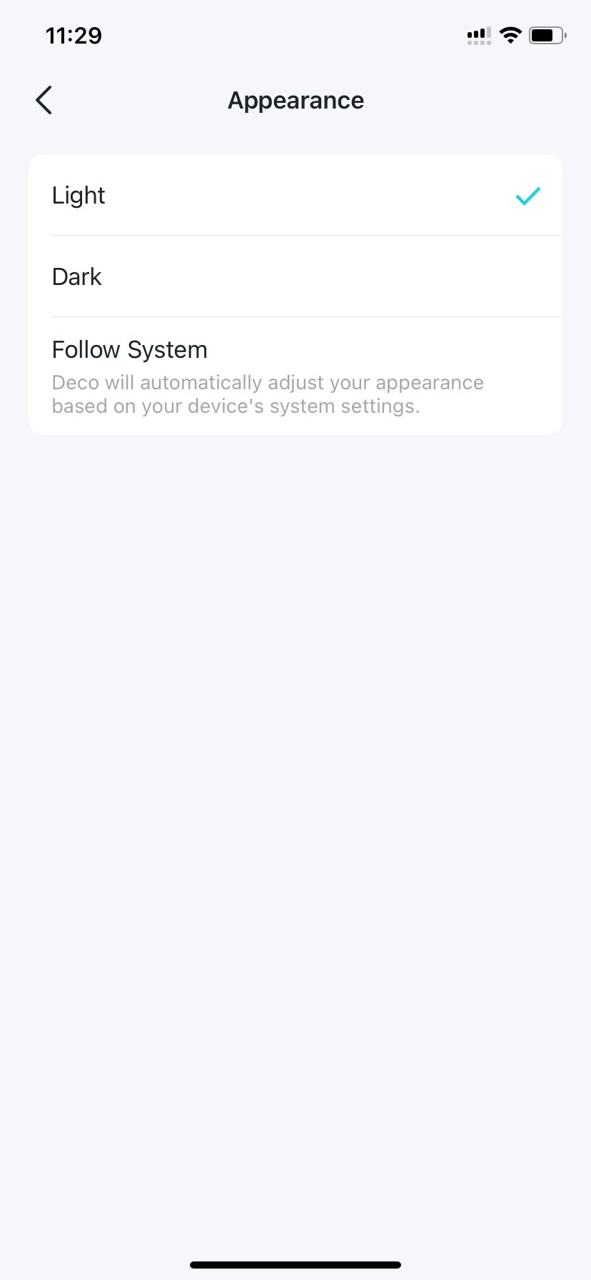 Appearance page with Light mode selected