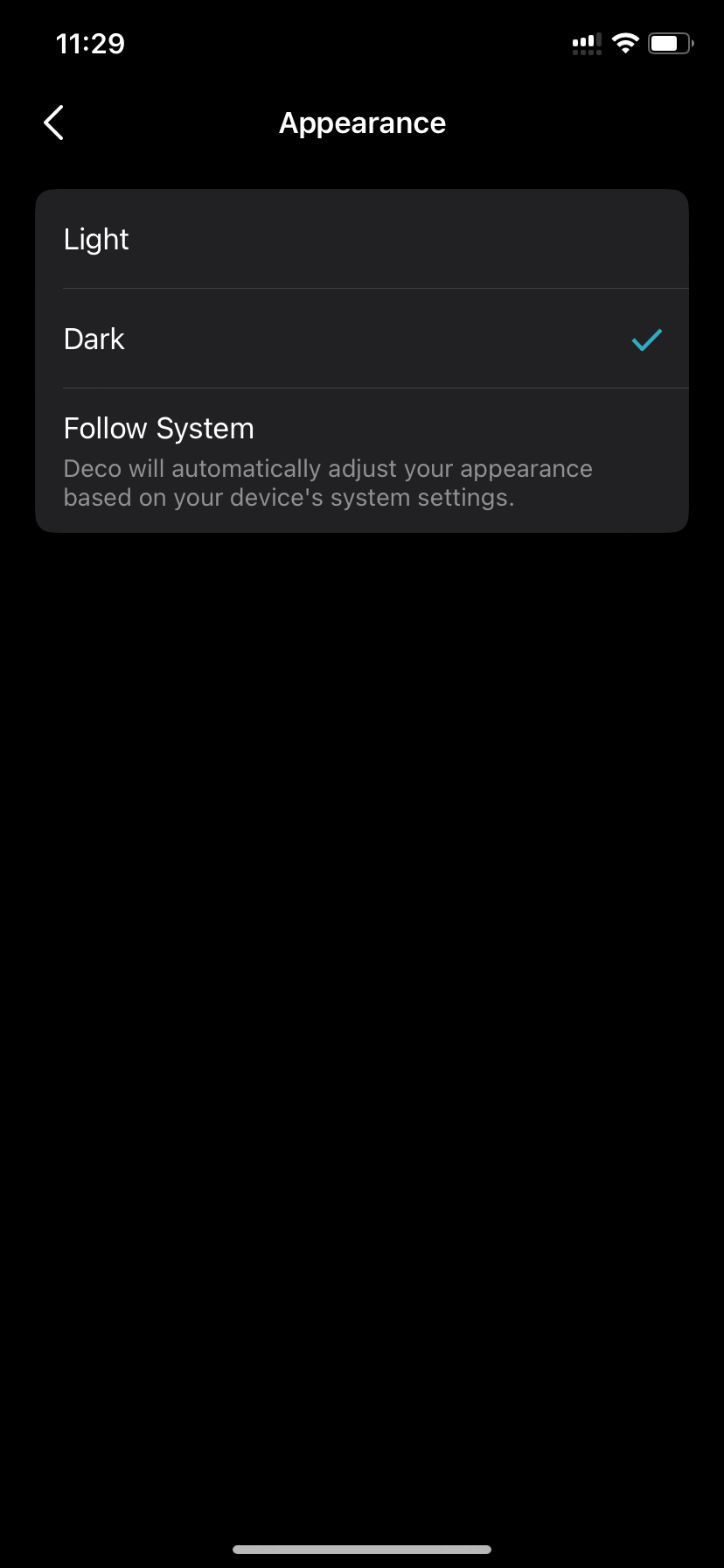 Appearance page with Dark mode selected
