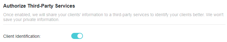 A screenshot of a configuration webpage titled 'Authorize Third-Party Services'. A description explains that enabling the feature shares client information to better identify clients. A toggle switch labeled 'Client Identification:' is shown in the enabled (on) position.