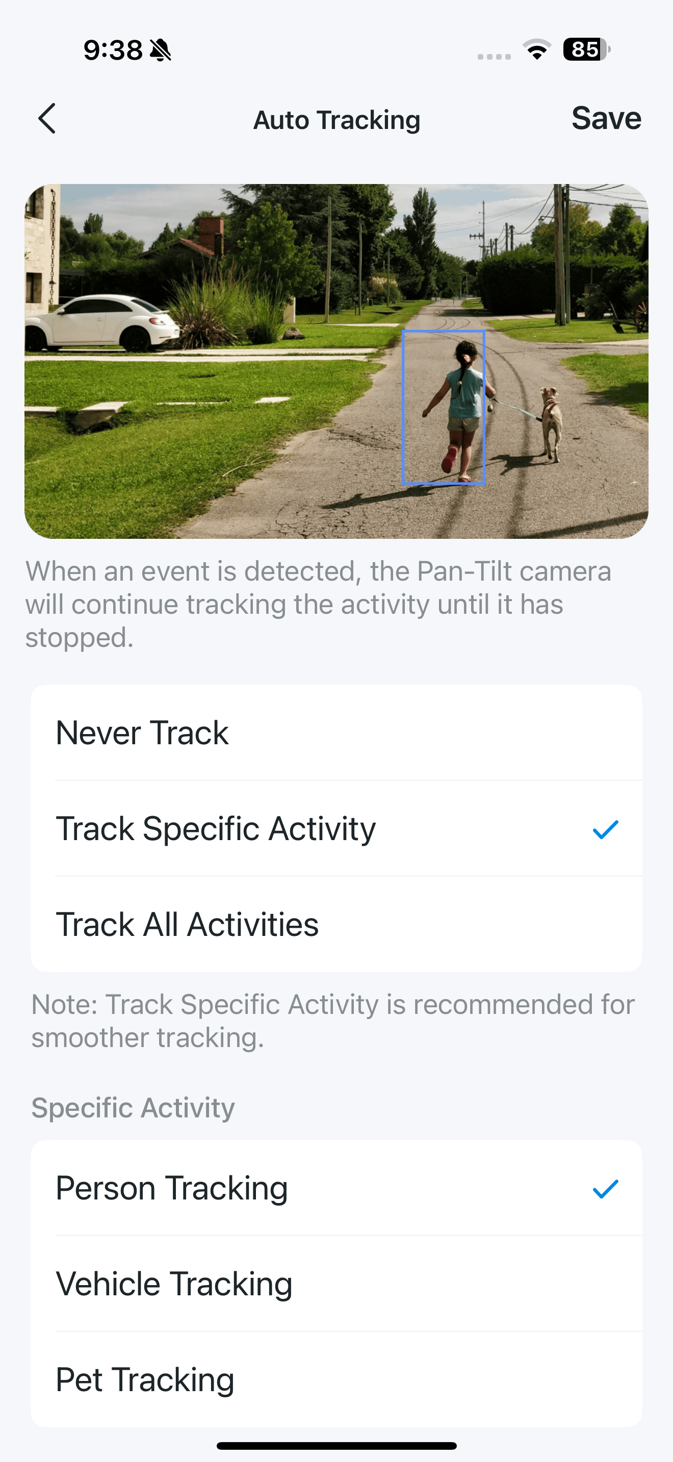 Auto Tracking settings page in the app