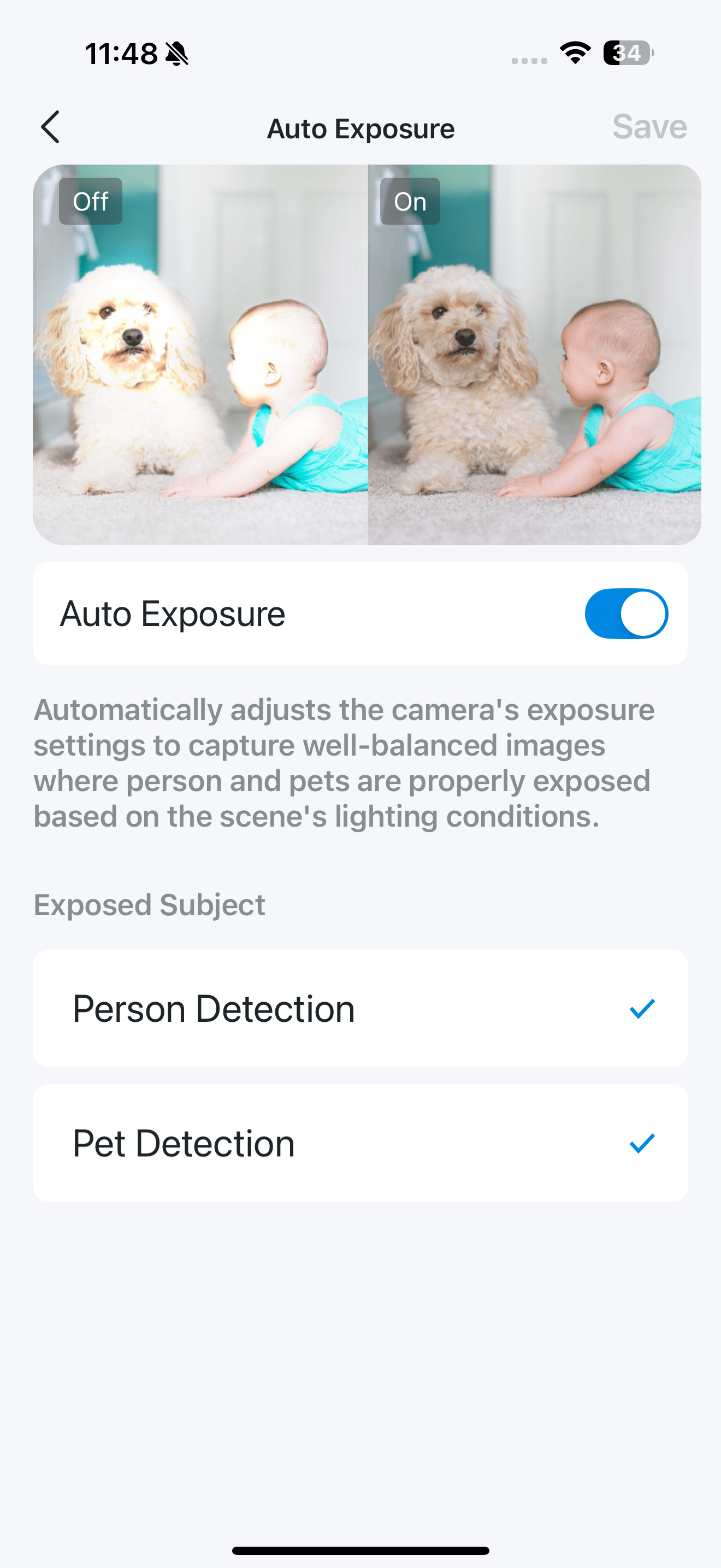 Auto Exposure page in the app