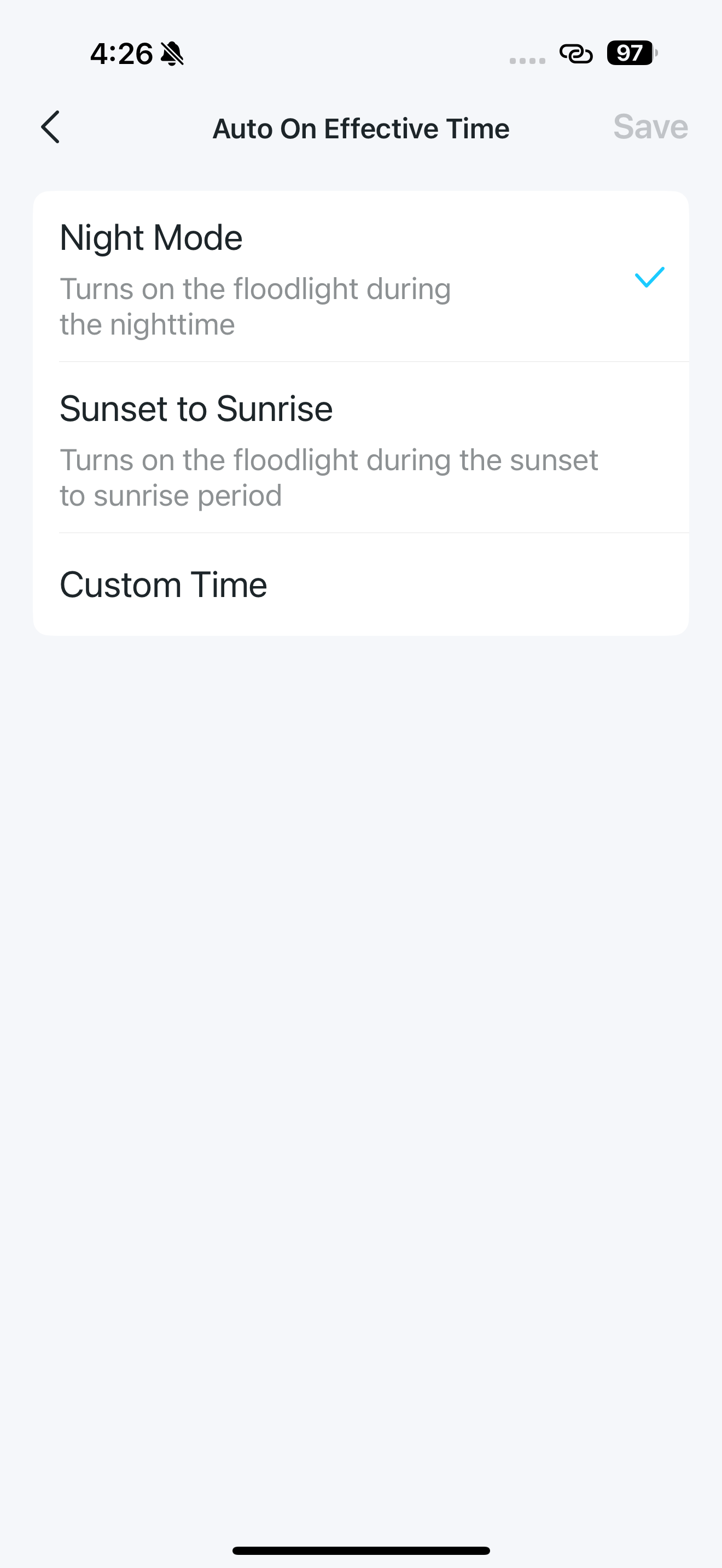 Auto On Effective Time page in the app