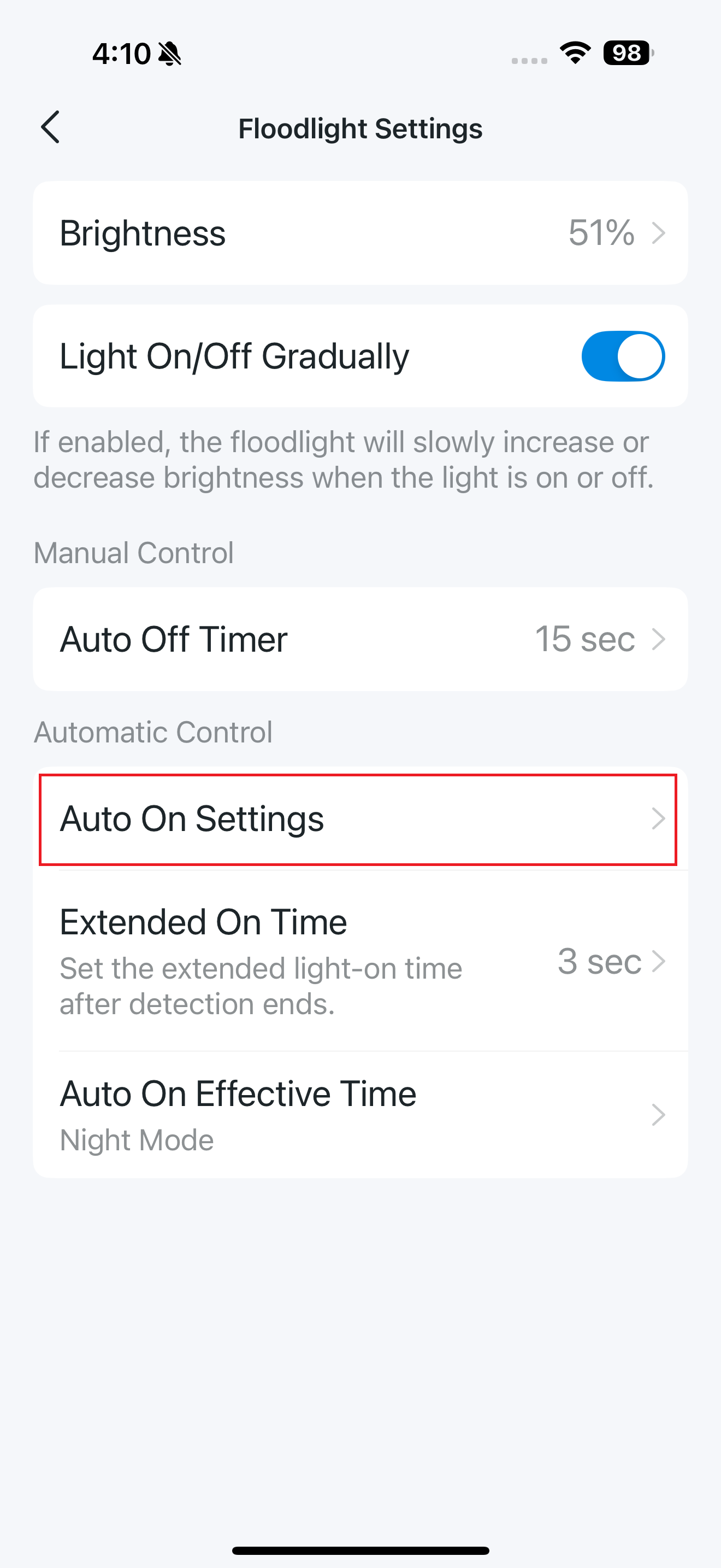 Auto On Settings button