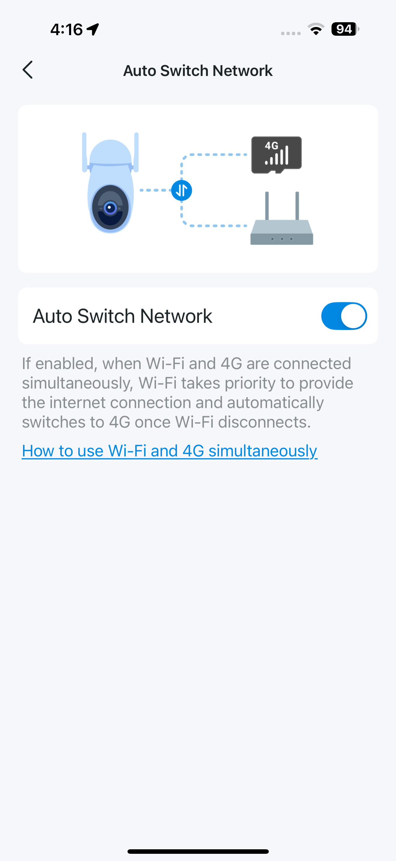 Auto Switch Network page in the app