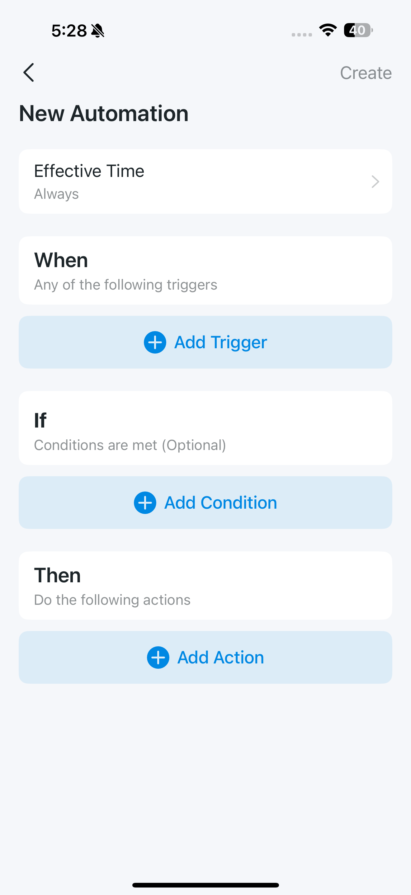 New Automation page in the app