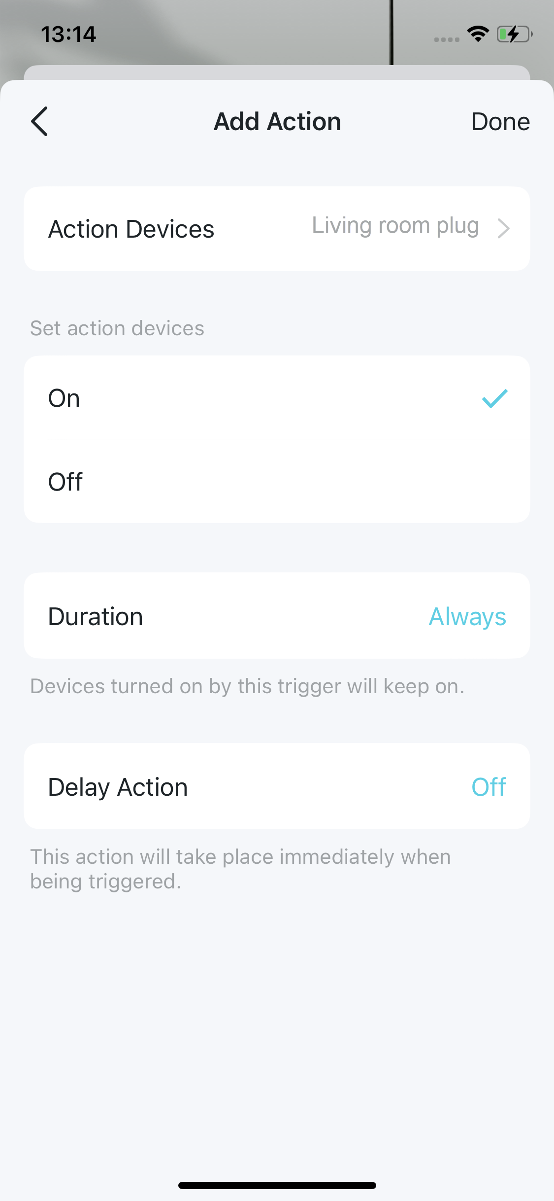 action settings page including device, time, duration and delay action for the automation