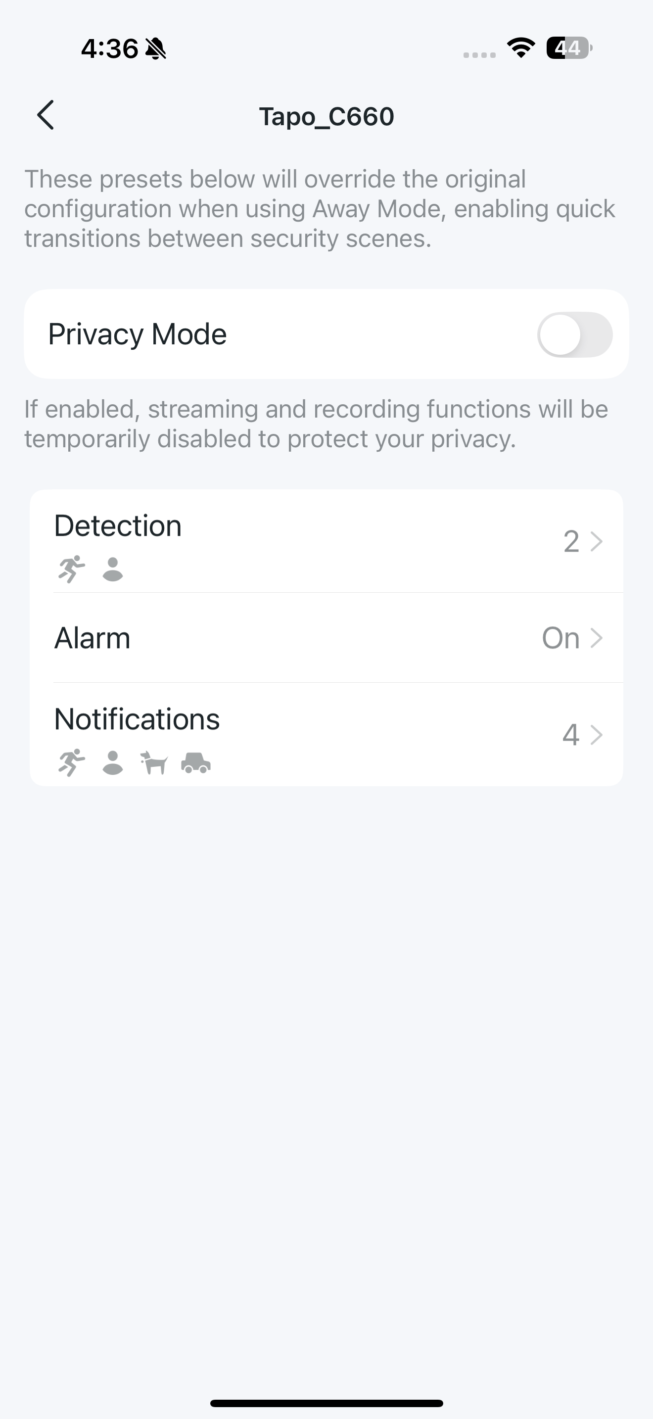 Away Mode Settings presets page in the app