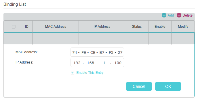 Binding List table example, featuring MAC address as 74-FE-CE-B7-F5-27 and IP address at 192.168.1.100 