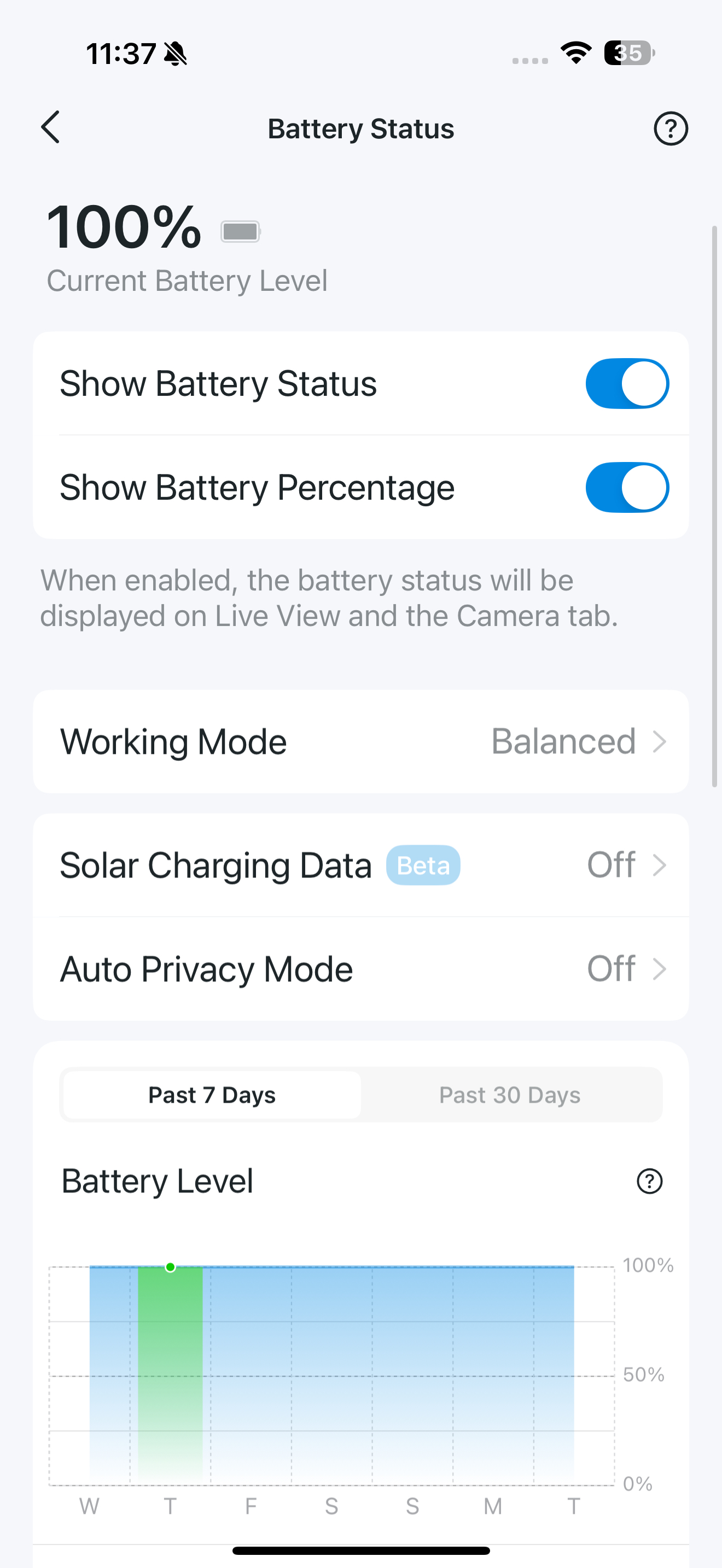 Battery Status page in the app