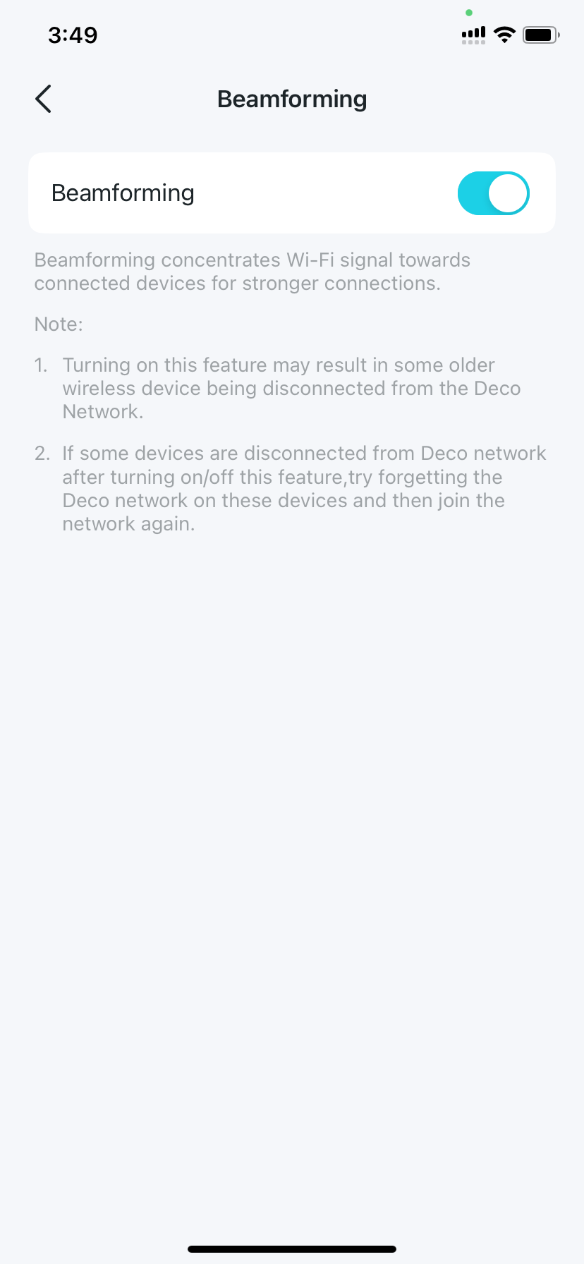 Beamforming settings page