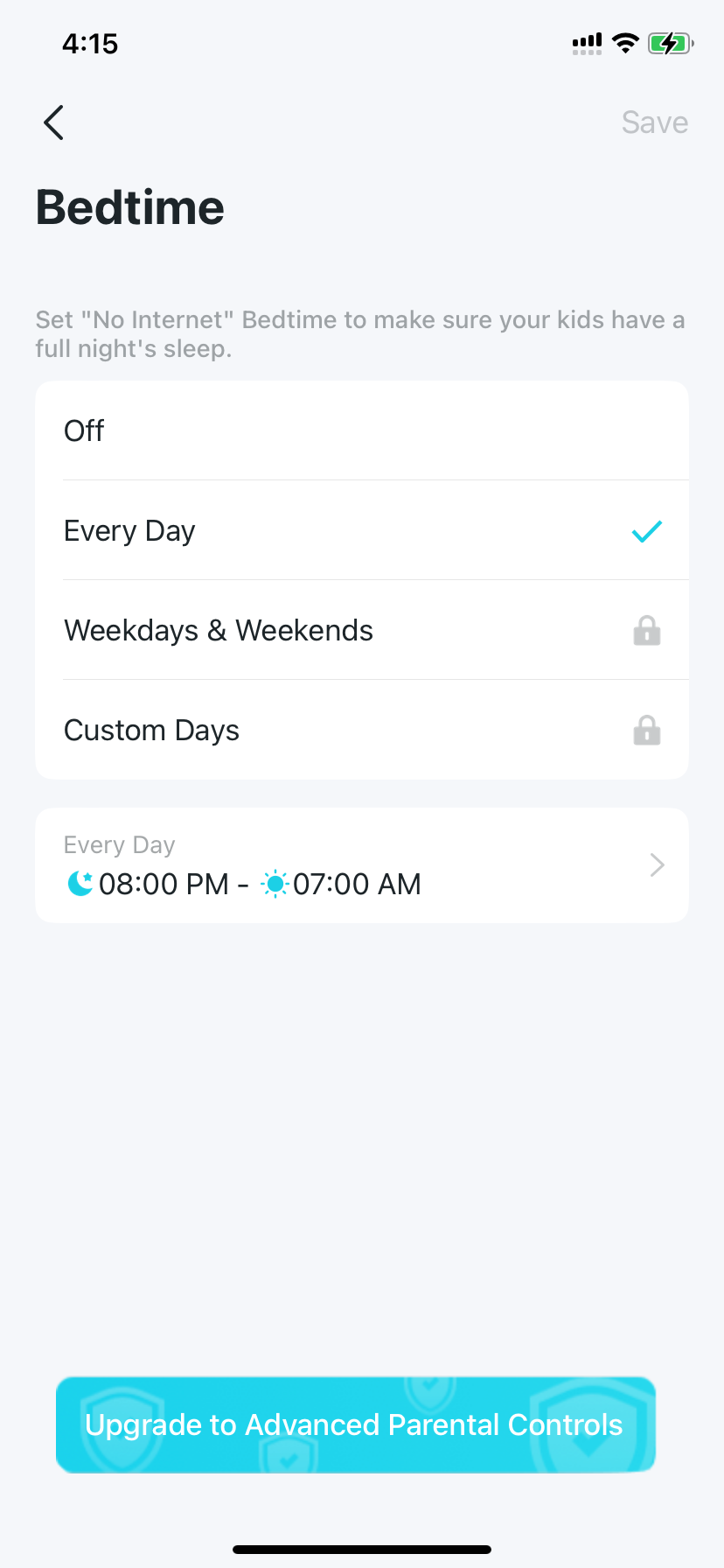 Bedtime settings page