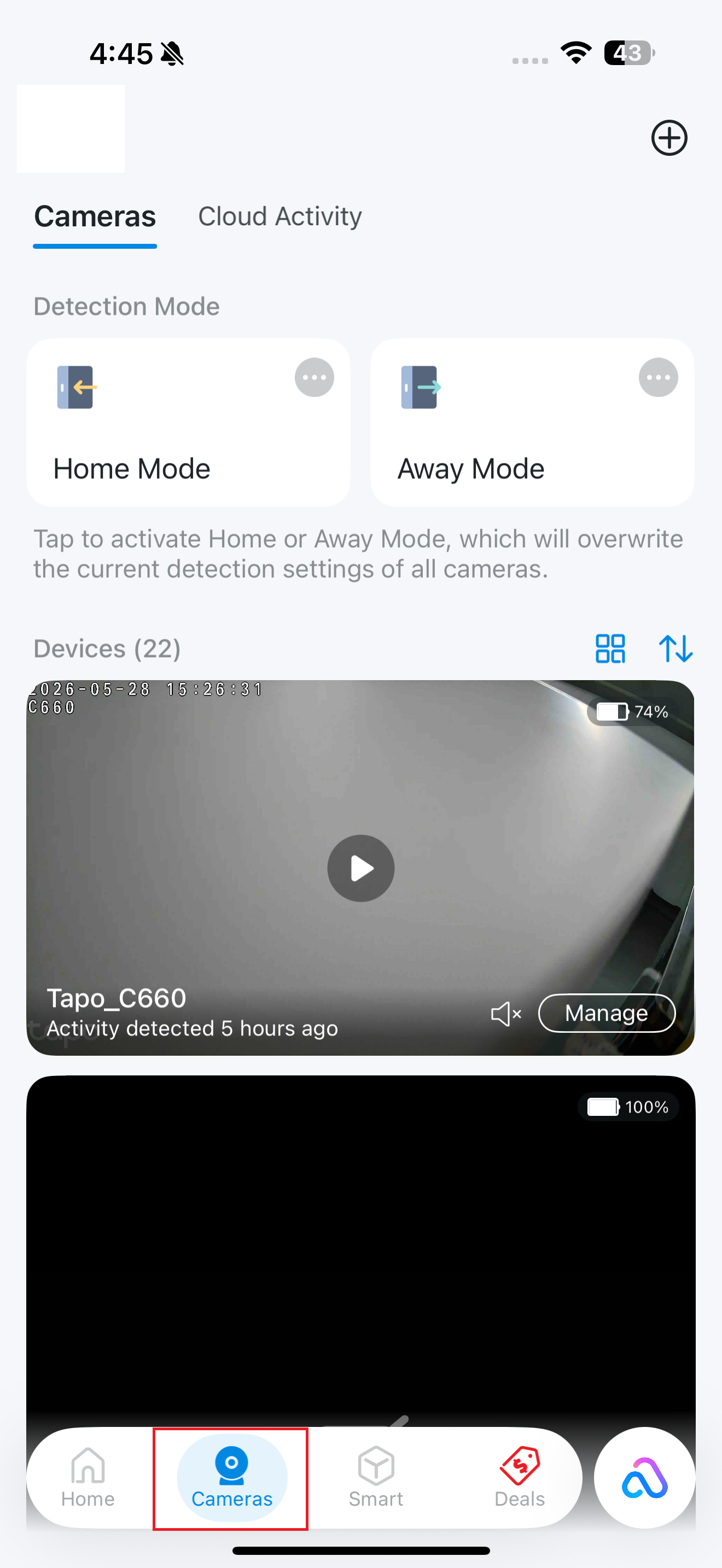 Cameras page in the app