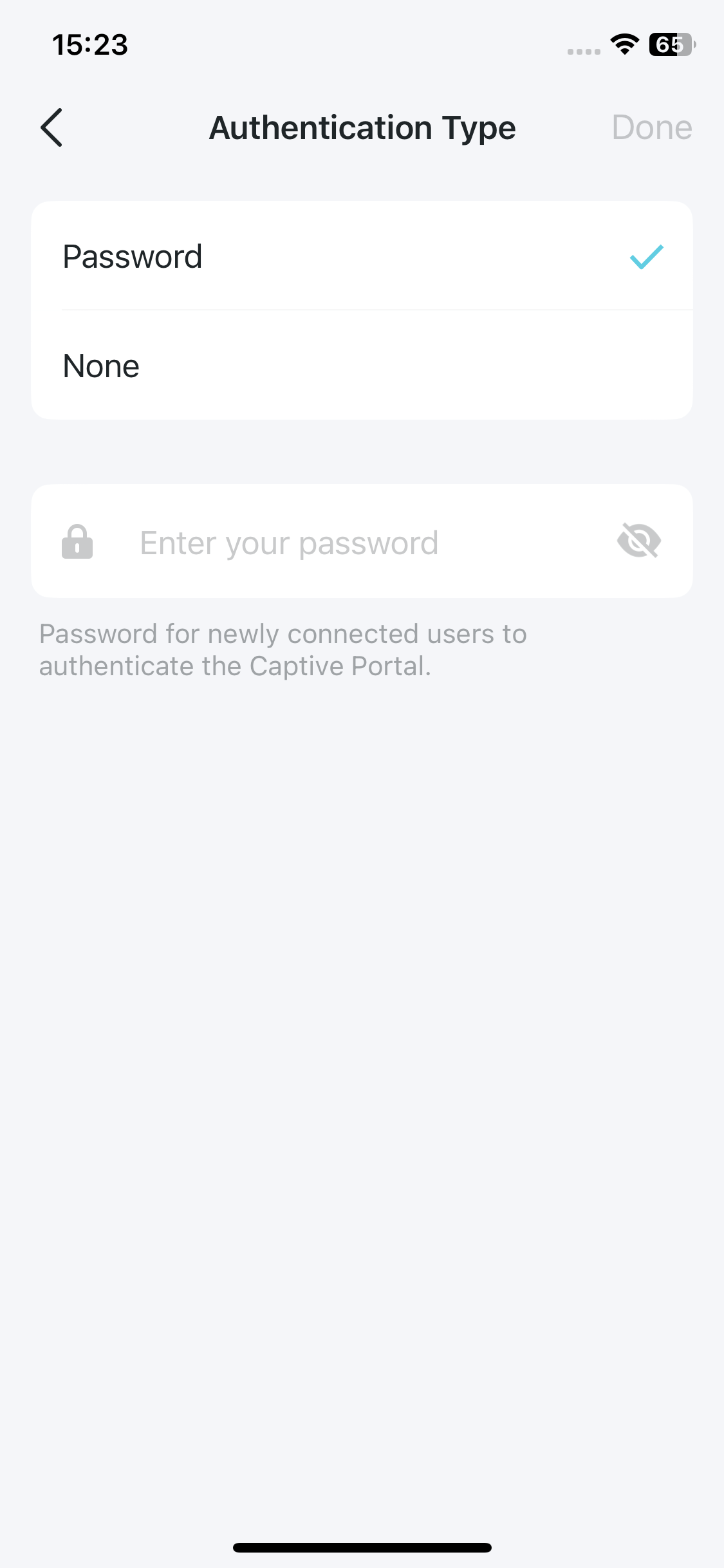 Authentication Type settings page