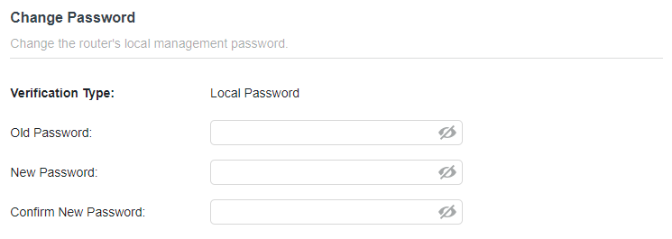 A screenshot of a router configuration page titled Change Password with input fields for Old Password, New Password, and Confirm New Password.