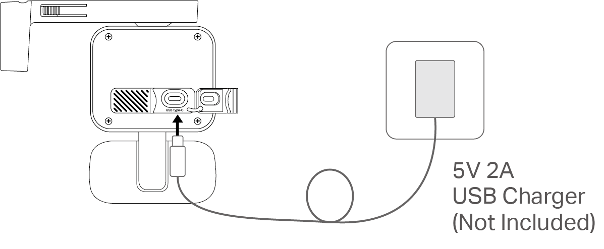 Displays charging the camera with a 5V 2A USB charger (not included)