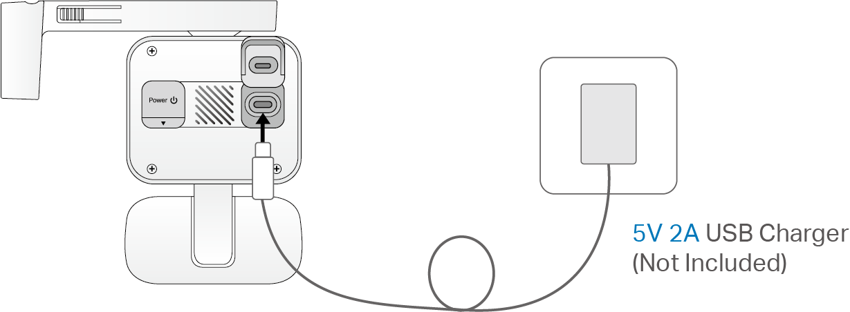 Displays charging the camera with a 5V 2A USB charger (not included)