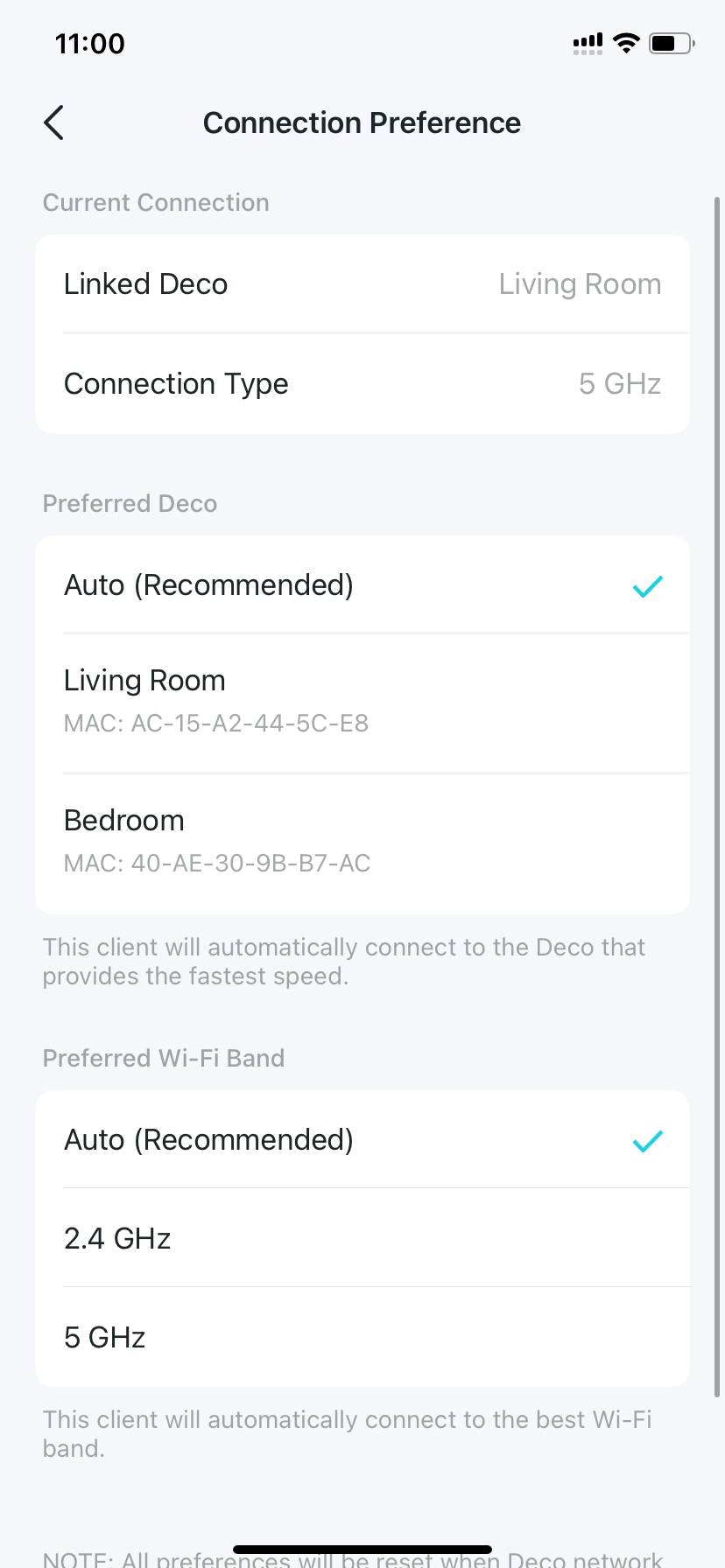 Connection Preference settings page